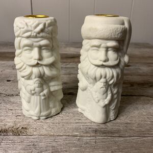 Santa Claus Christmas Pillar Candle Holders Ceramic Decor 5 in. Vintage Taiwan
